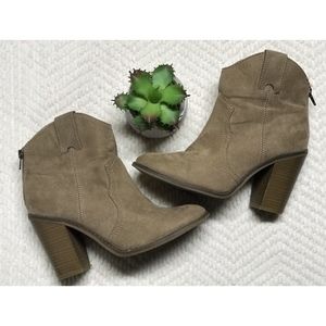 Tan, suede, heeled bootie